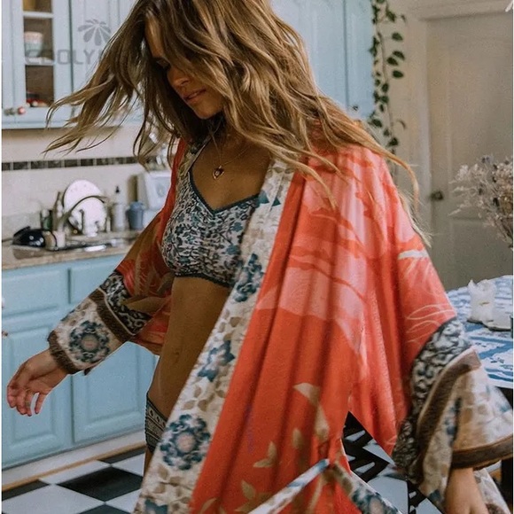 651 Floral Bohemian Gypsy Resort Beach Maxi Kimono - Picture 4 of 4